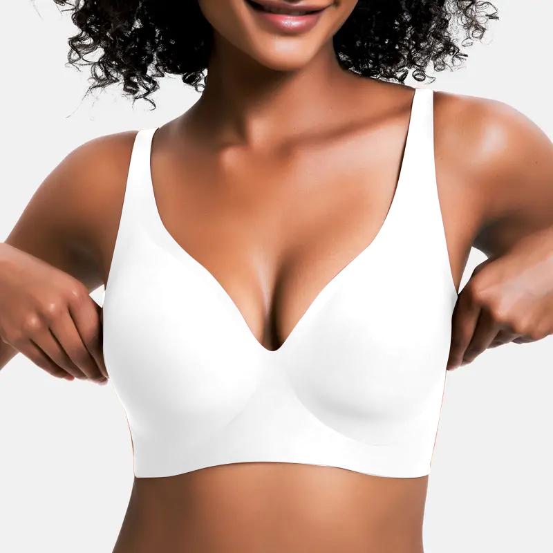 VRCOMFY Jelly Wireless Womens Comfortable Wireless Bras Push Up Bralettes Seamless Tshirts Bras Deep V Everyday Bras